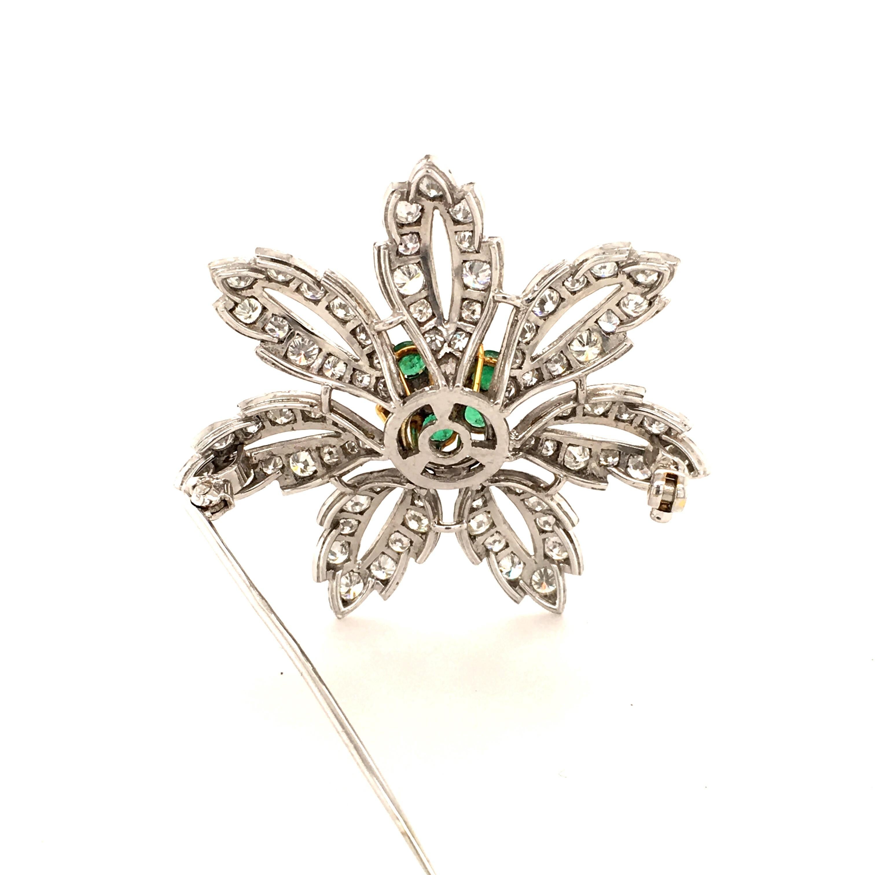 Women's or Men's Emerald and Diamond Flower Brooch in 14 Karat White and Yellow Gold