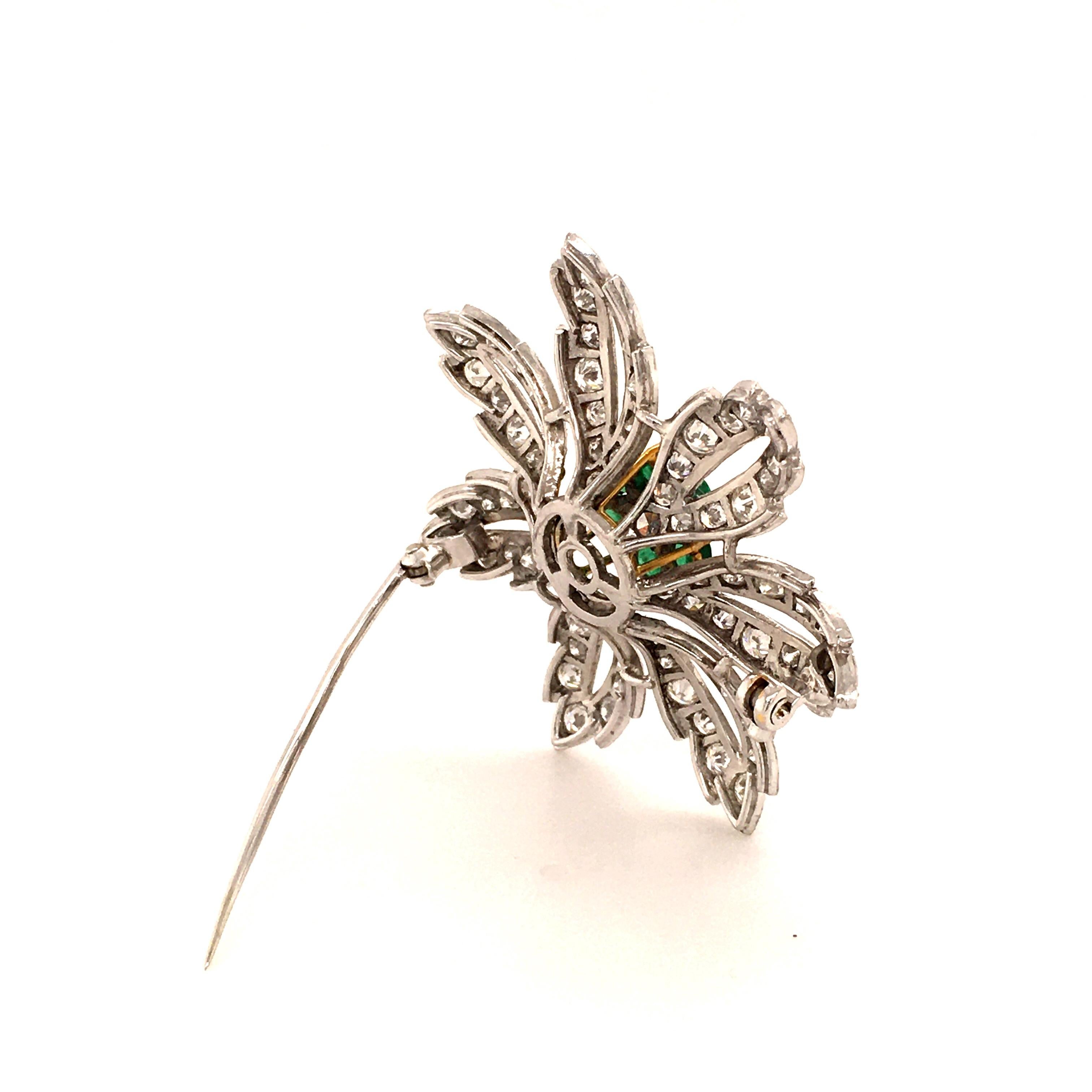 Emerald and Diamond Flower Brooch in 14 Karat White and Yellow Gold 1