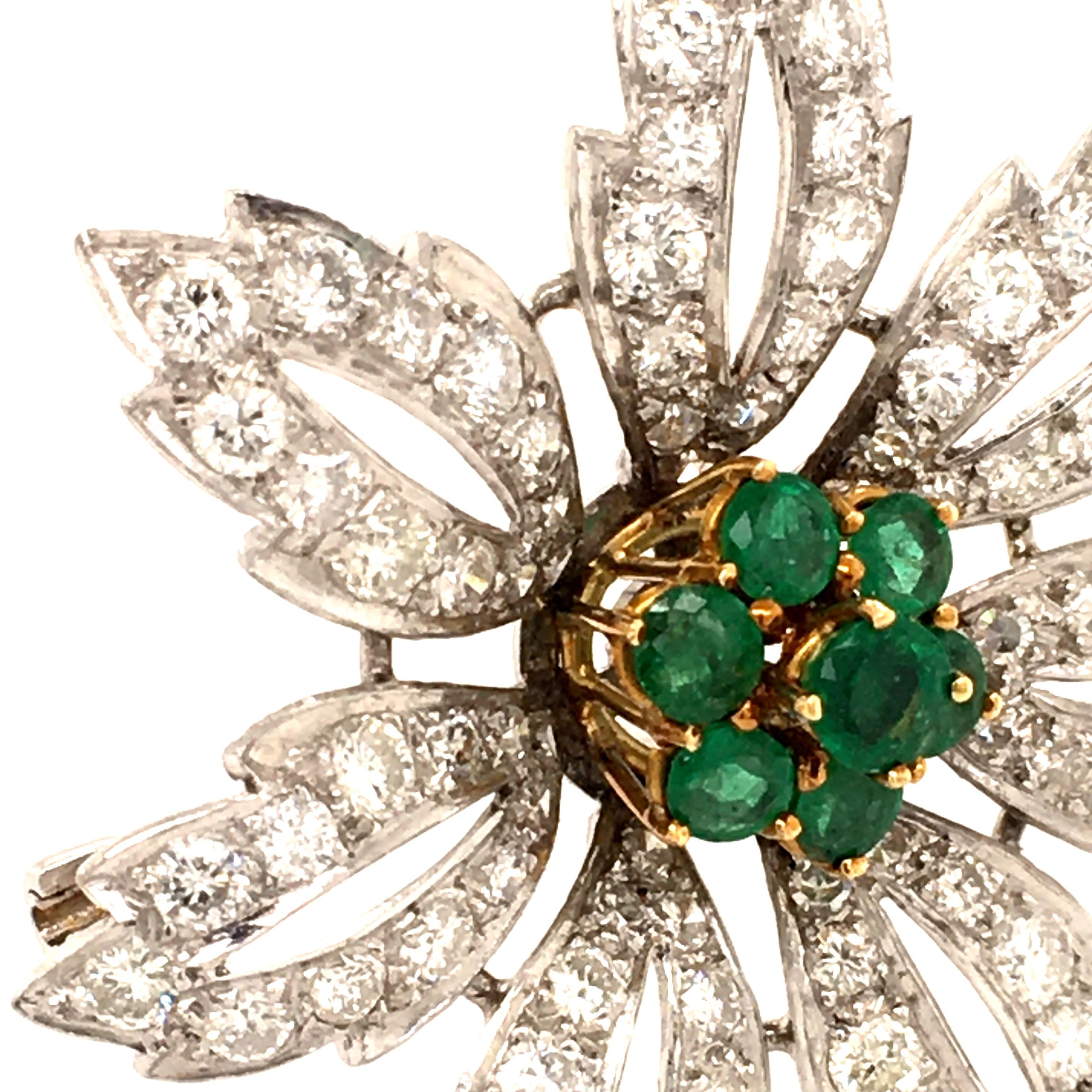 Emerald and Diamond Flower Brooch in 14 Karat White and Yellow Gold 2