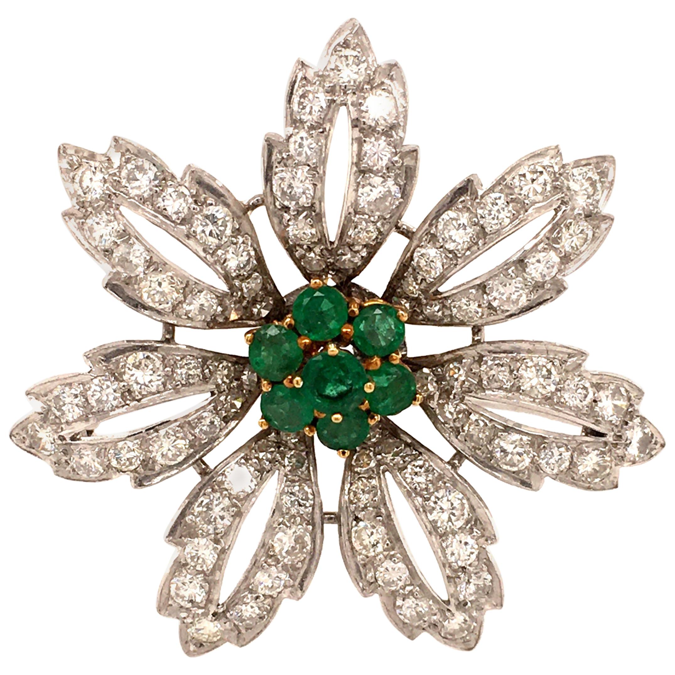 Emerald and Diamond Flower Brooch in 14 Karat White and Yellow Gold