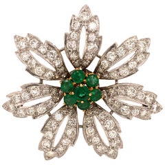 Emerald and Diamond Flower Brooch in 14 Karat White and Yellow Gold