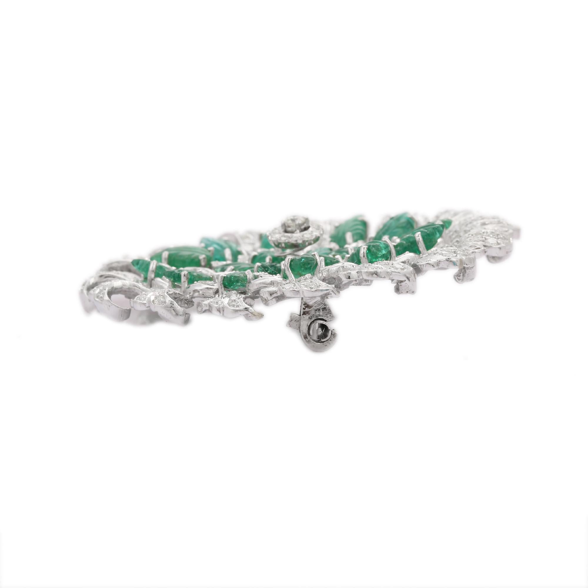 Mixed Cut Natural Emerald Diamond Big Flower Brooch 18k Solid White Gold, Fine Jewelry For Sale