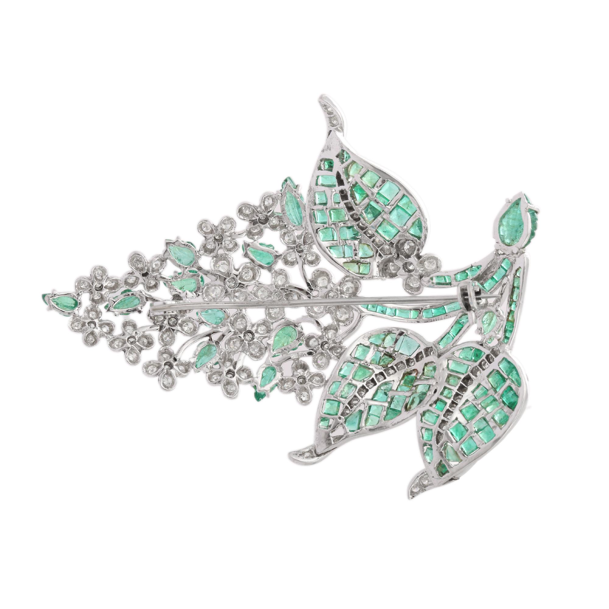 Mixed Cut Statement 17.02 Ct Emerald and Diamond Leaf Brooch 18kt Solid White Gold For Sale