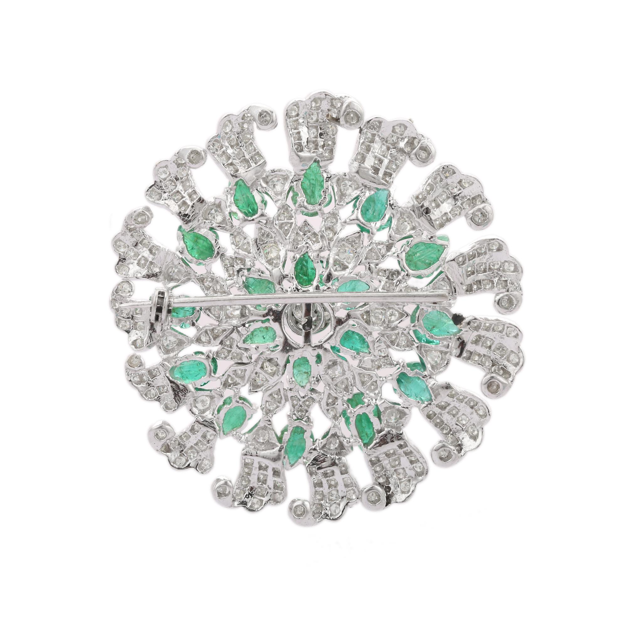 Women's or Men's Natural Emerald Diamond Big Flower Brooch 18k Solid White Gold, Fine Jewelry For Sale