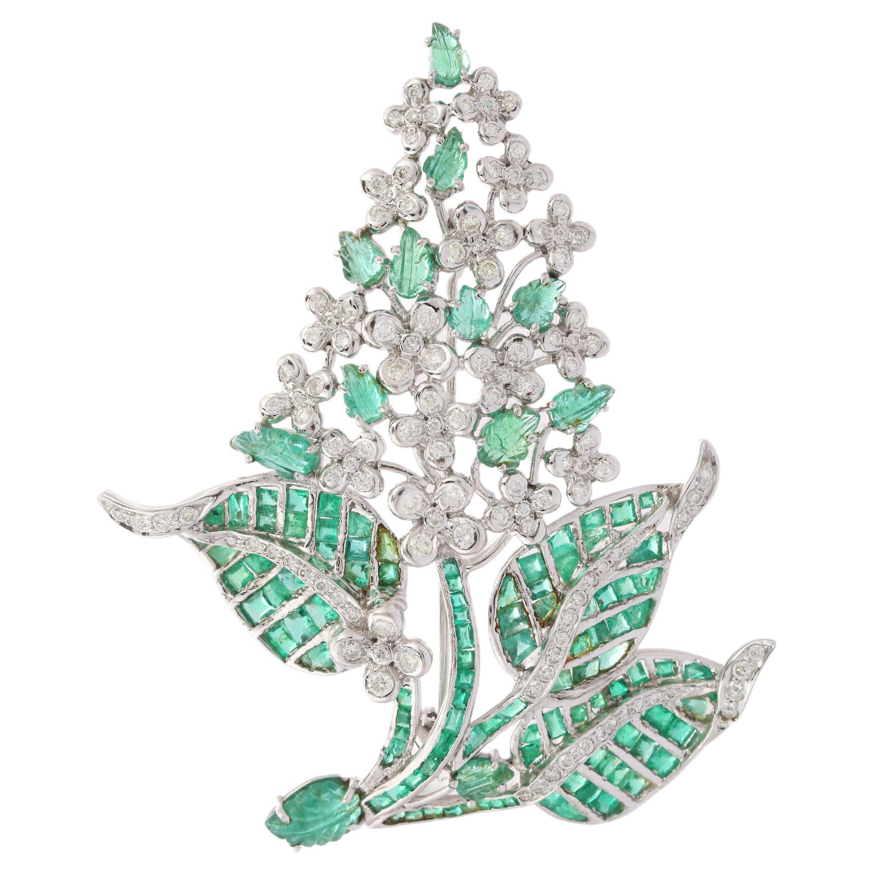 Emerald and Diamond Flower Brooch in 18K White Gold