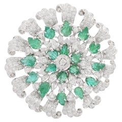 Natural Emerald Diamond Big Flower Brooch 18k Solid White Gold, Fine Jewelry