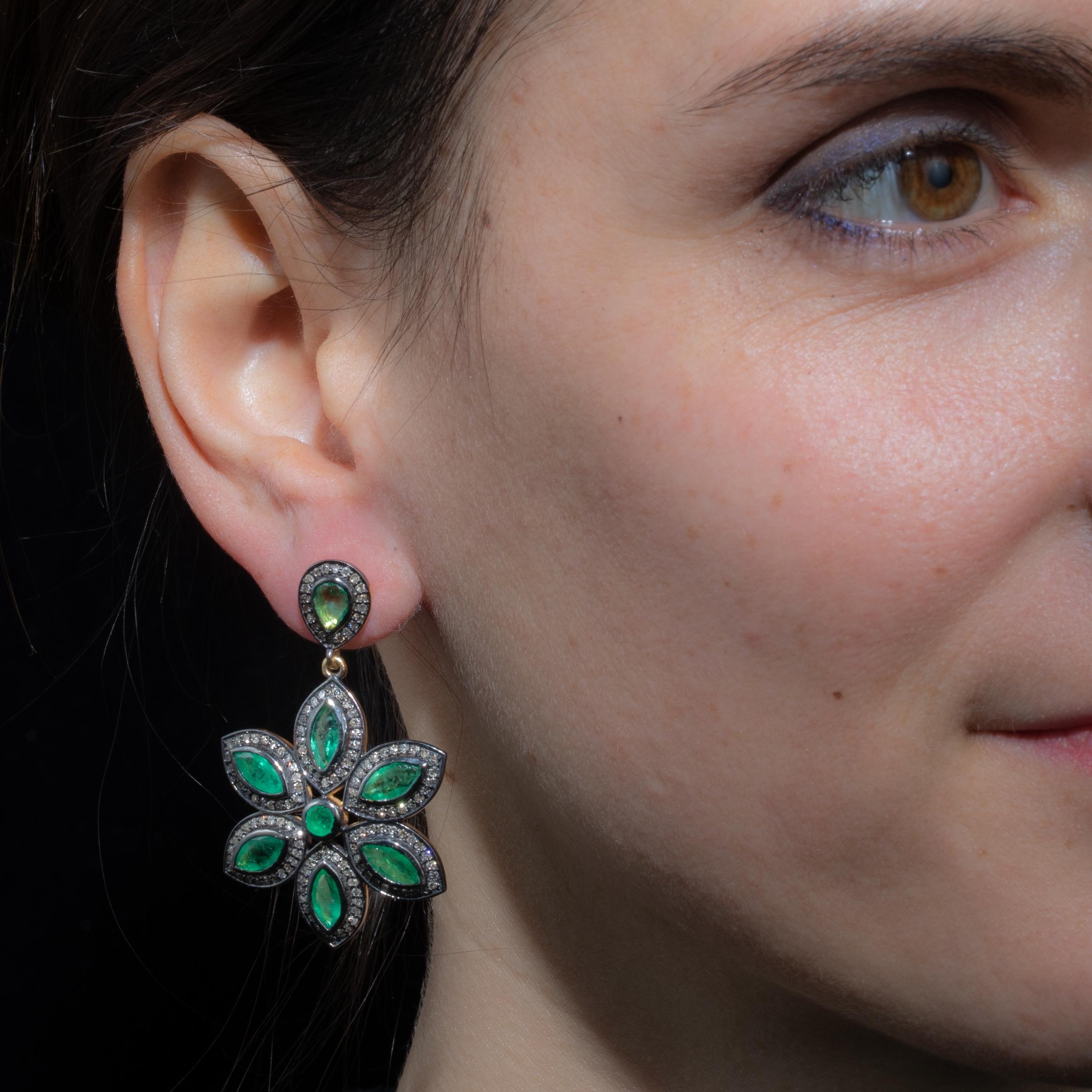 Emerald Cut Emerald and Diamond Flower Dangle Earrings For Sale