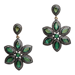Emerald and Diamond Flower Dangle Earrings