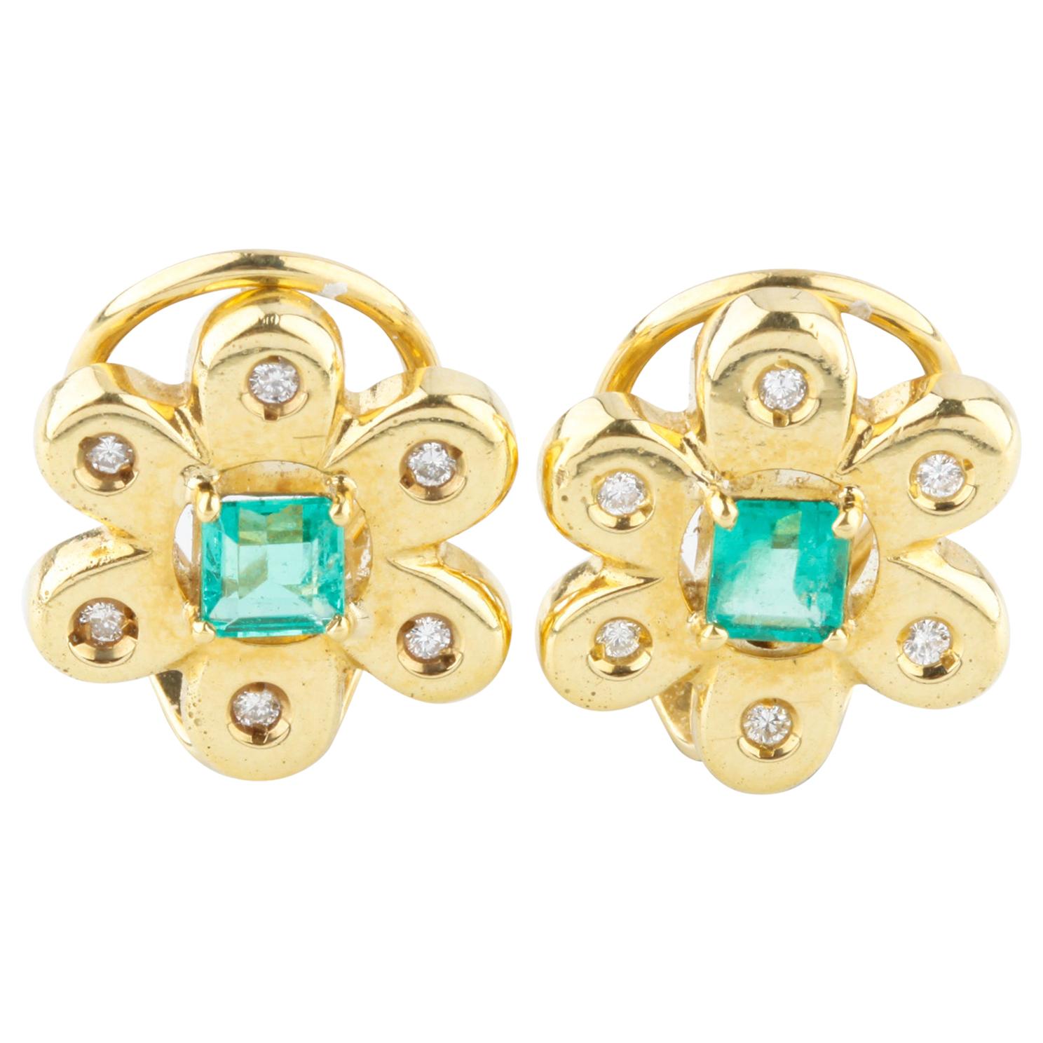 Emerald and Diamond Flower Design Earrings in 18 Karat Yellow Gold