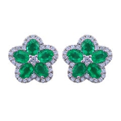 Emerald and Diamond Flower Earrings set in White Gold