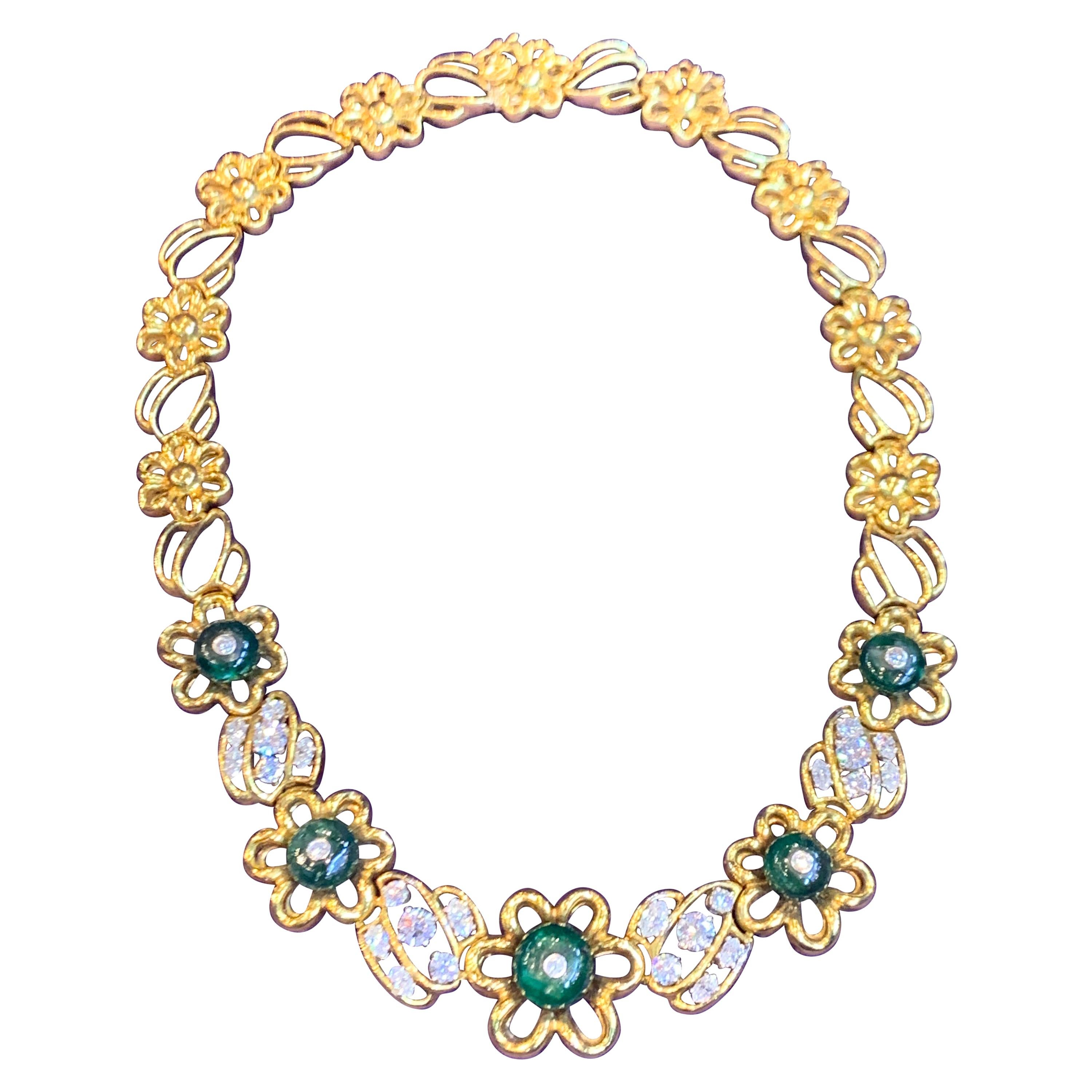 Emerald and Diamond Flower Link Necklace For Sale