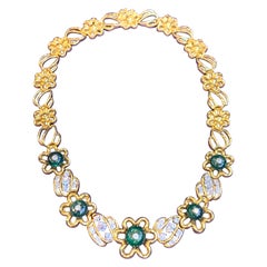 Retro Emerald and Diamond Flower Link Necklace