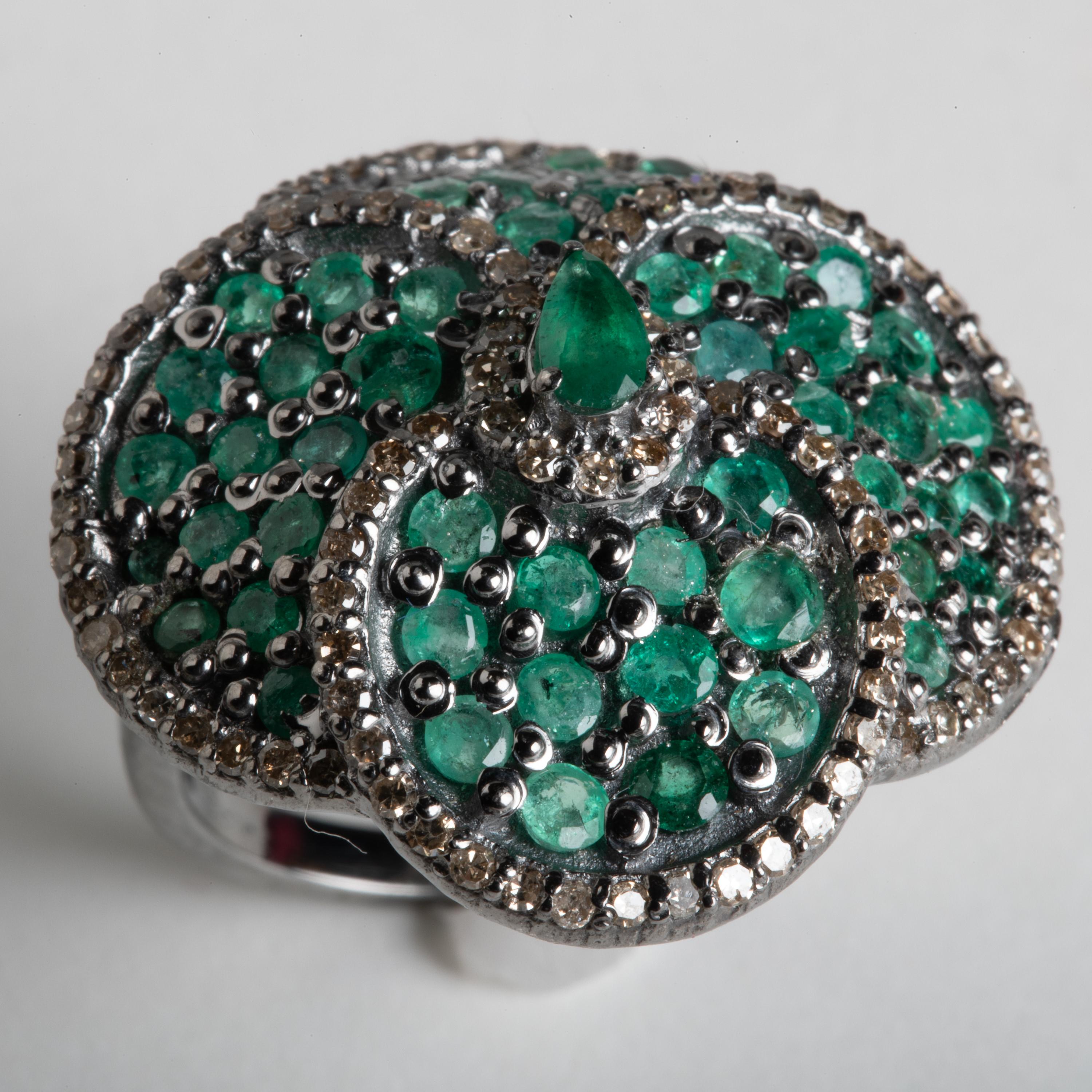 Women's or Men's Emerald and Diamond Flower Petal Ring For Sale