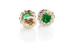 Emerald and Diamond Flower Shaped 18 Karat White Gold Earrings