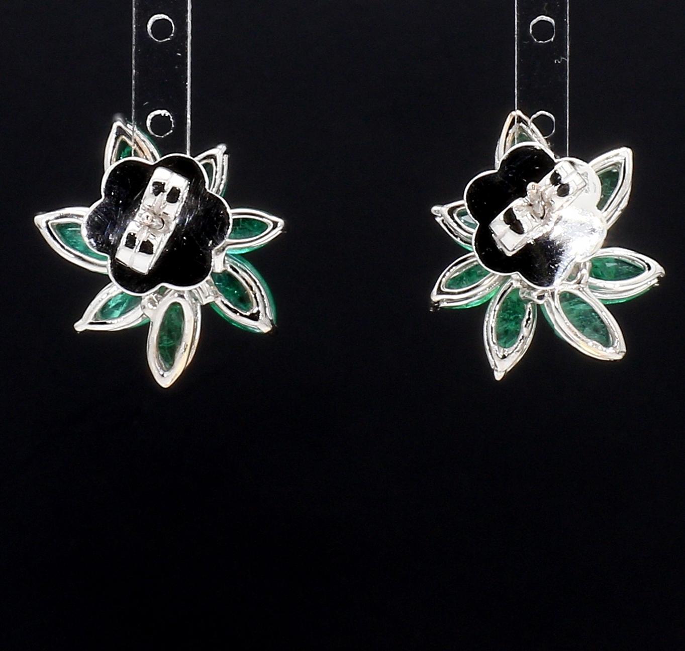 Round Cut Emerald and Diamond Flower Stud Earrings, 14k White Gold