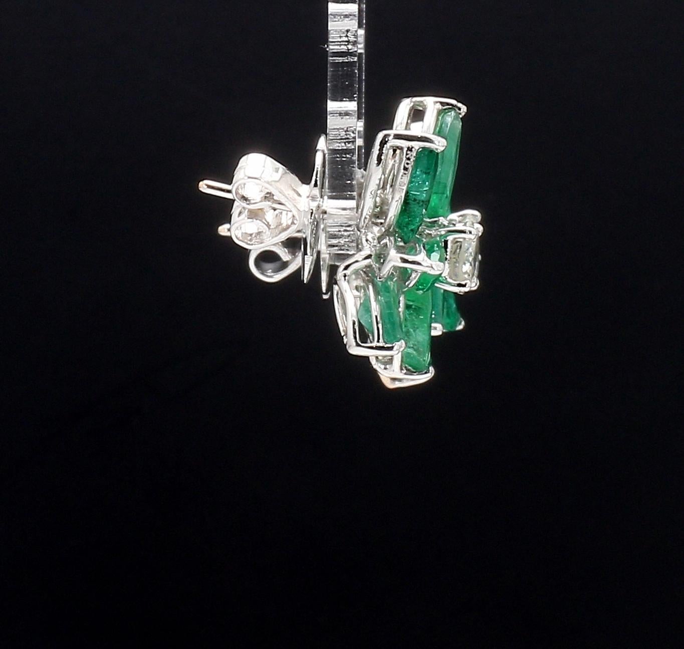 Women's or Men's Emerald and Diamond Flower Stud Earrings, 14k White Gold