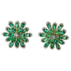 Emerald and Diamond Flower Stud Earrings in 18K Yellow Gold