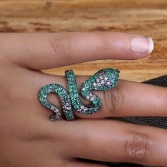 Esmeralda Y Diamante Anillo De Serpiente En Todo El Dedo Plata De Ley 925 Regalo Para Mujer.