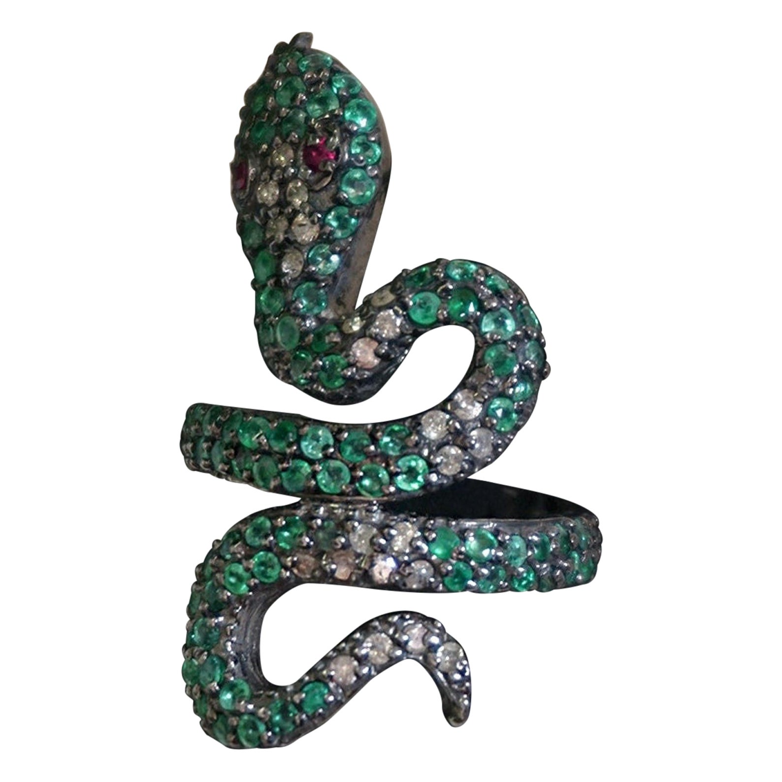 Emerald And Diamond Full Finger Snake Ring 925 Sterling Silver Gift For Women.
