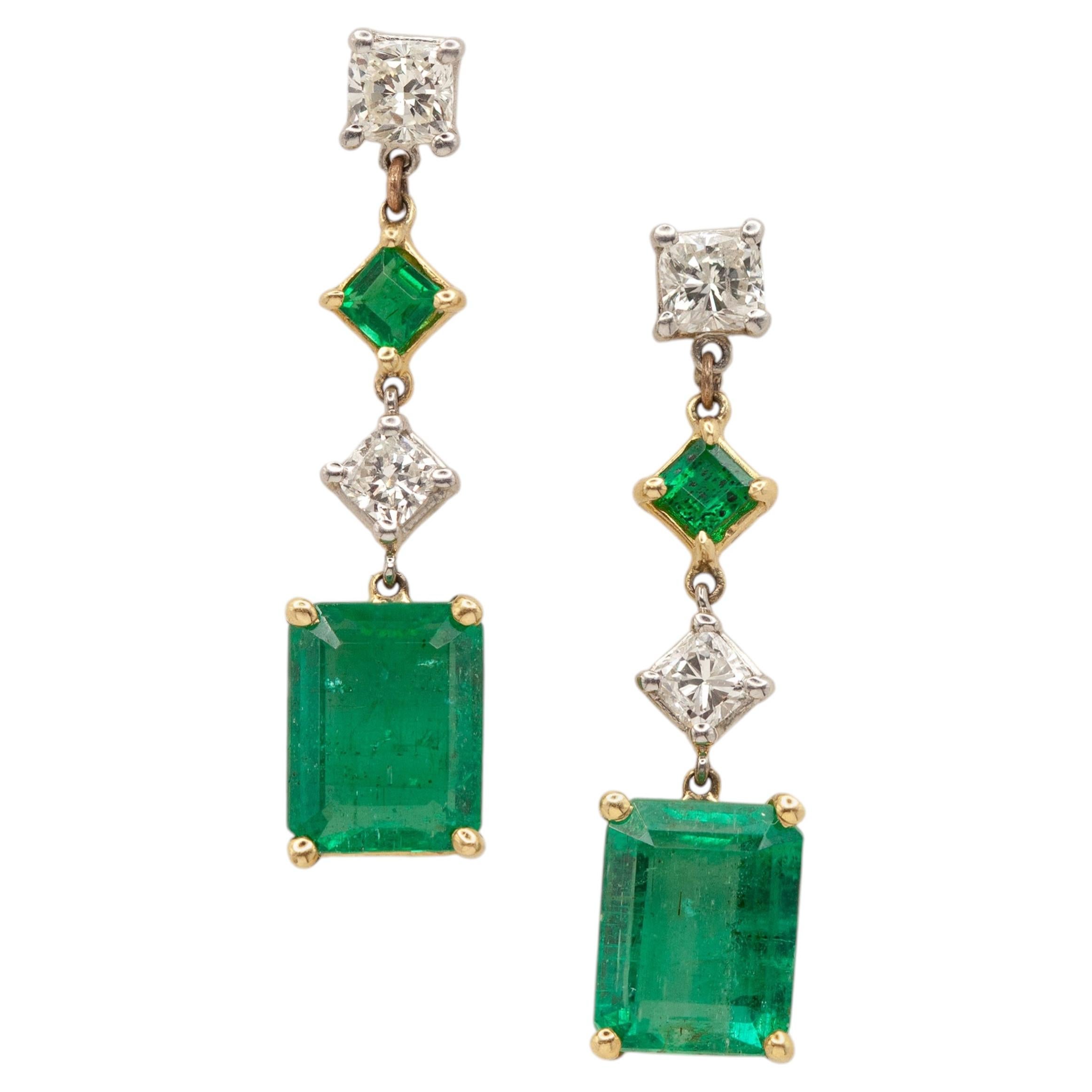 Emerald and Diamond 2-Tone Gold Dangle Earrings