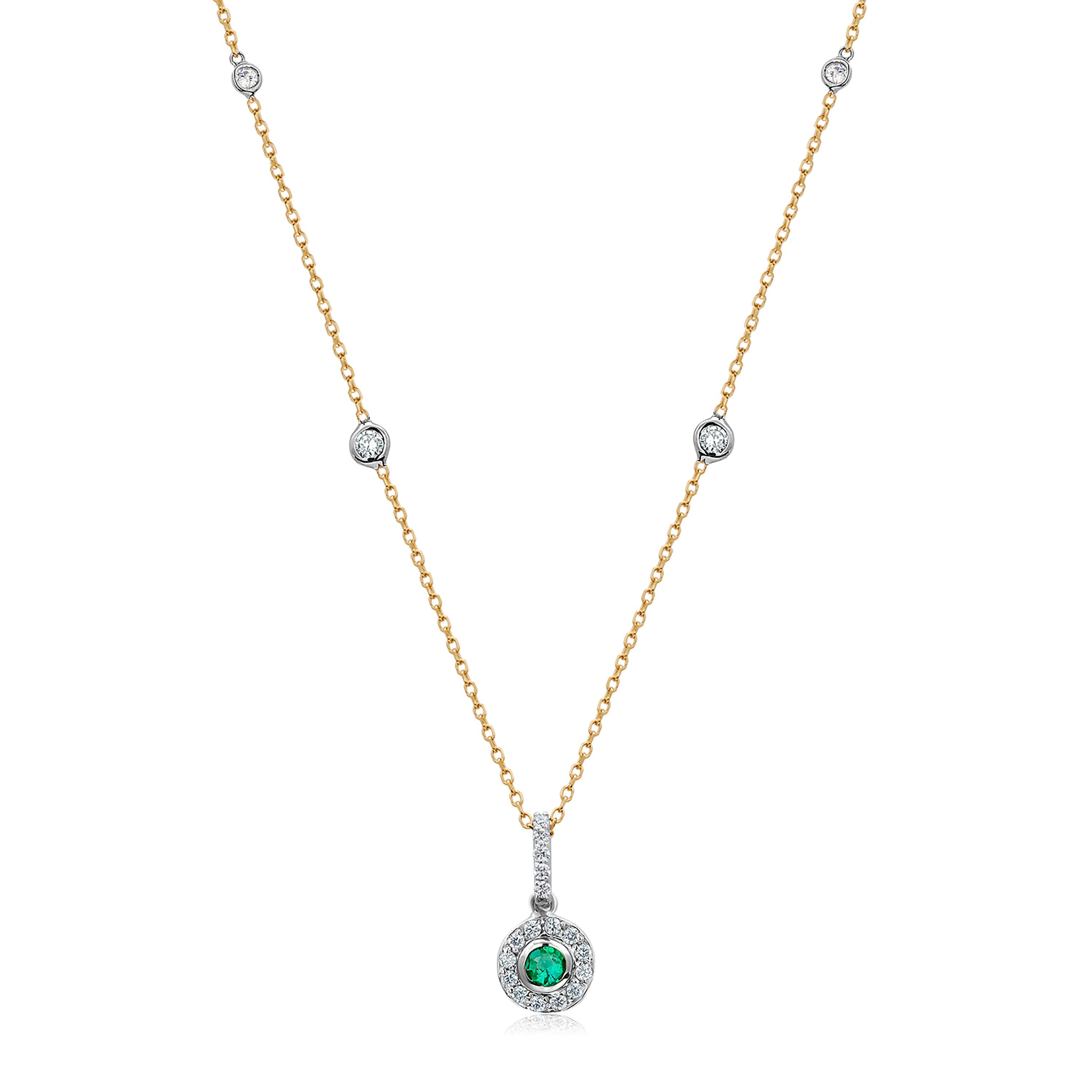 Round Cut Emerald and Diamond Gold Drop Layered Necklace Pendant with Diamond Stations