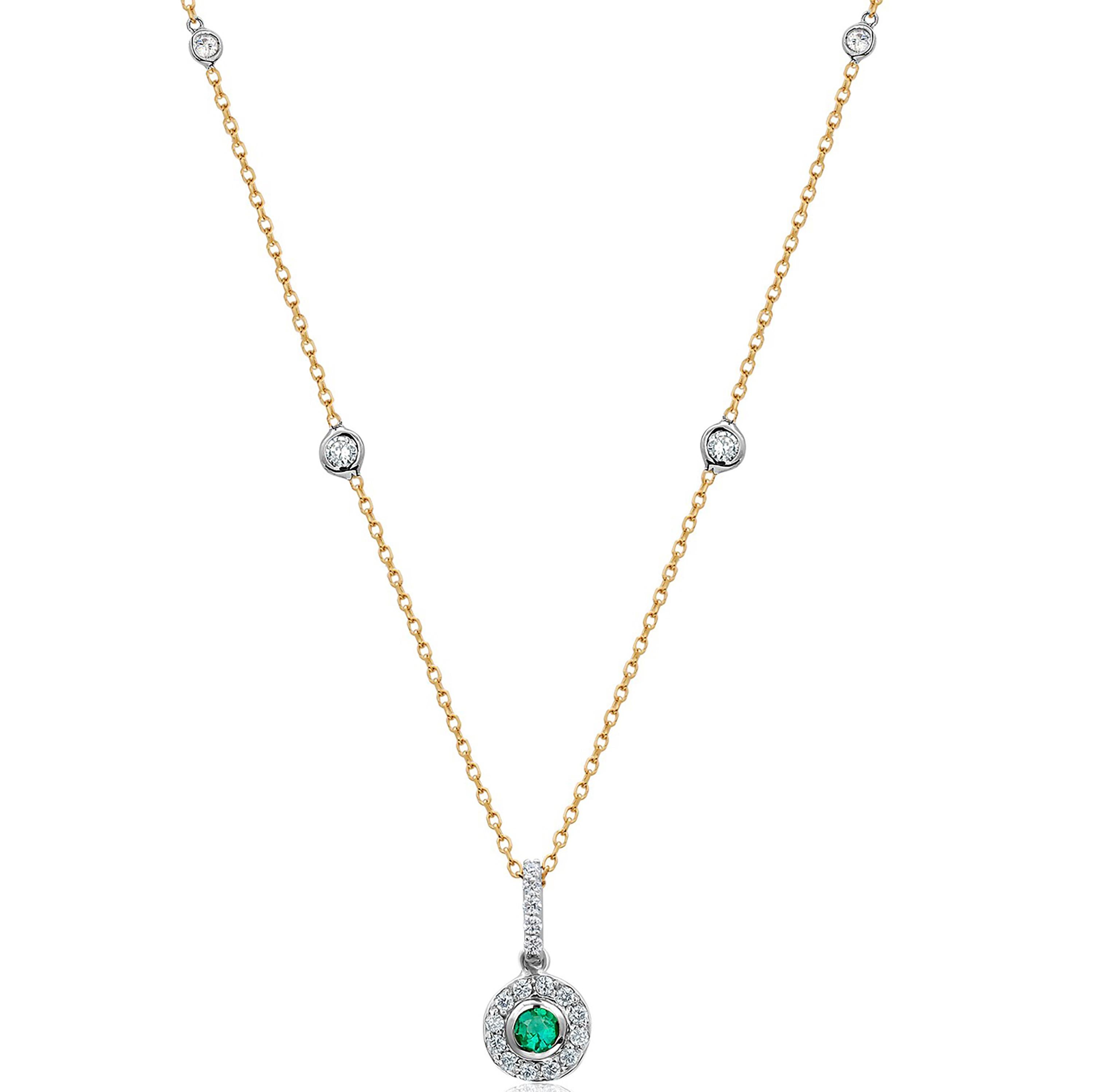 Women's or Men's Emerald and Diamond Gold Drop Layered Necklace Pendant with Diamond Stations