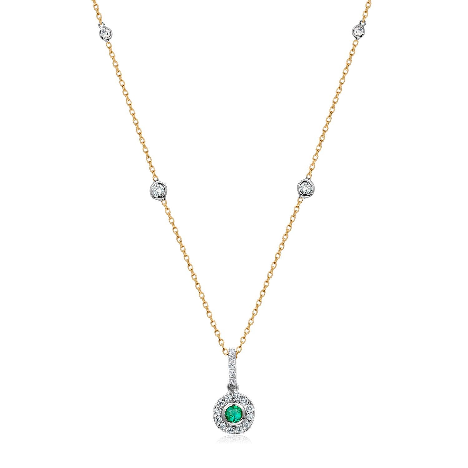 Emerald and Diamond Gold Drop Layered Necklace Pendant with Diamond Stations 1