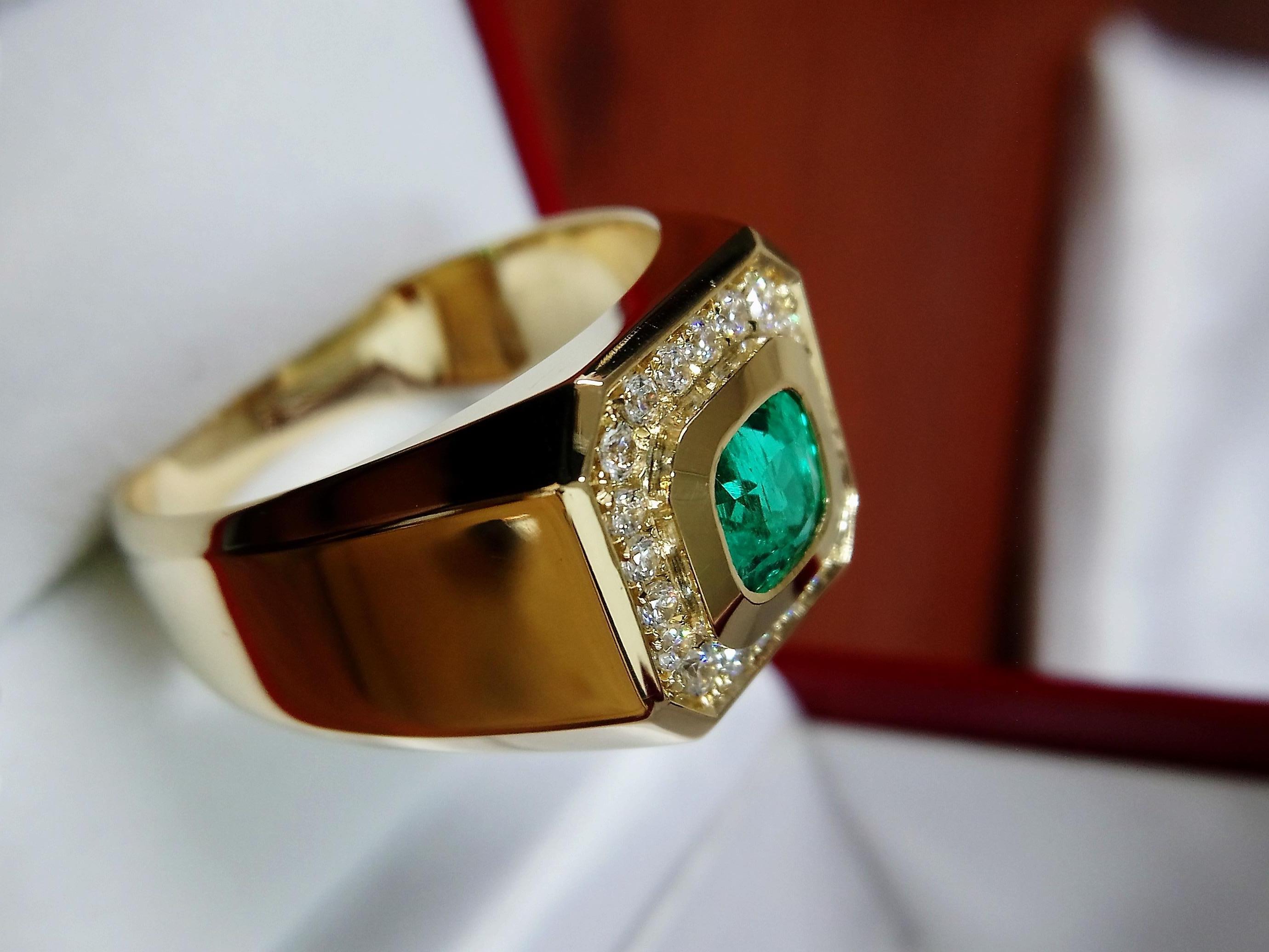 Emerald Cut Emerald and Diamond Gold Engagement Ring For Sale