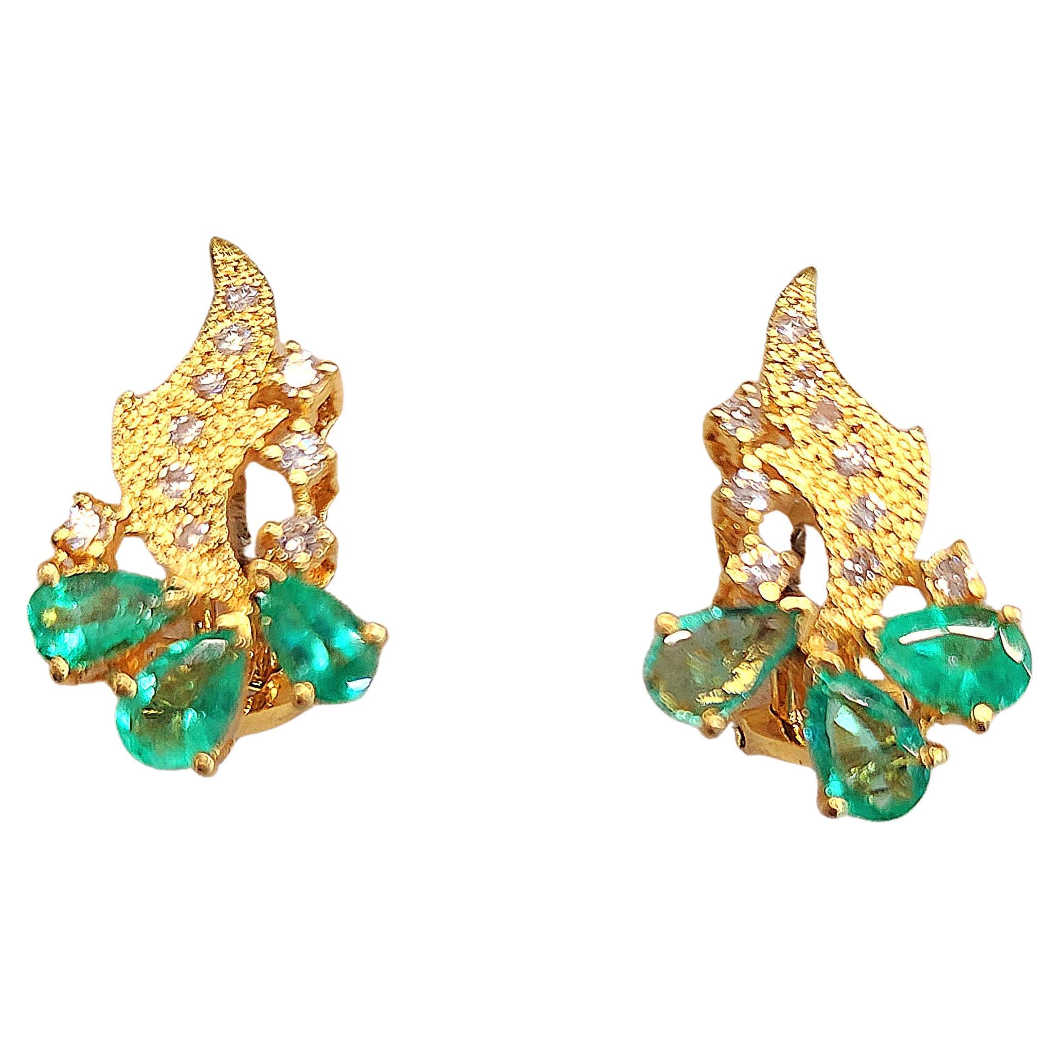 Women's Emerald And Diamond Gold Leaf Earrings