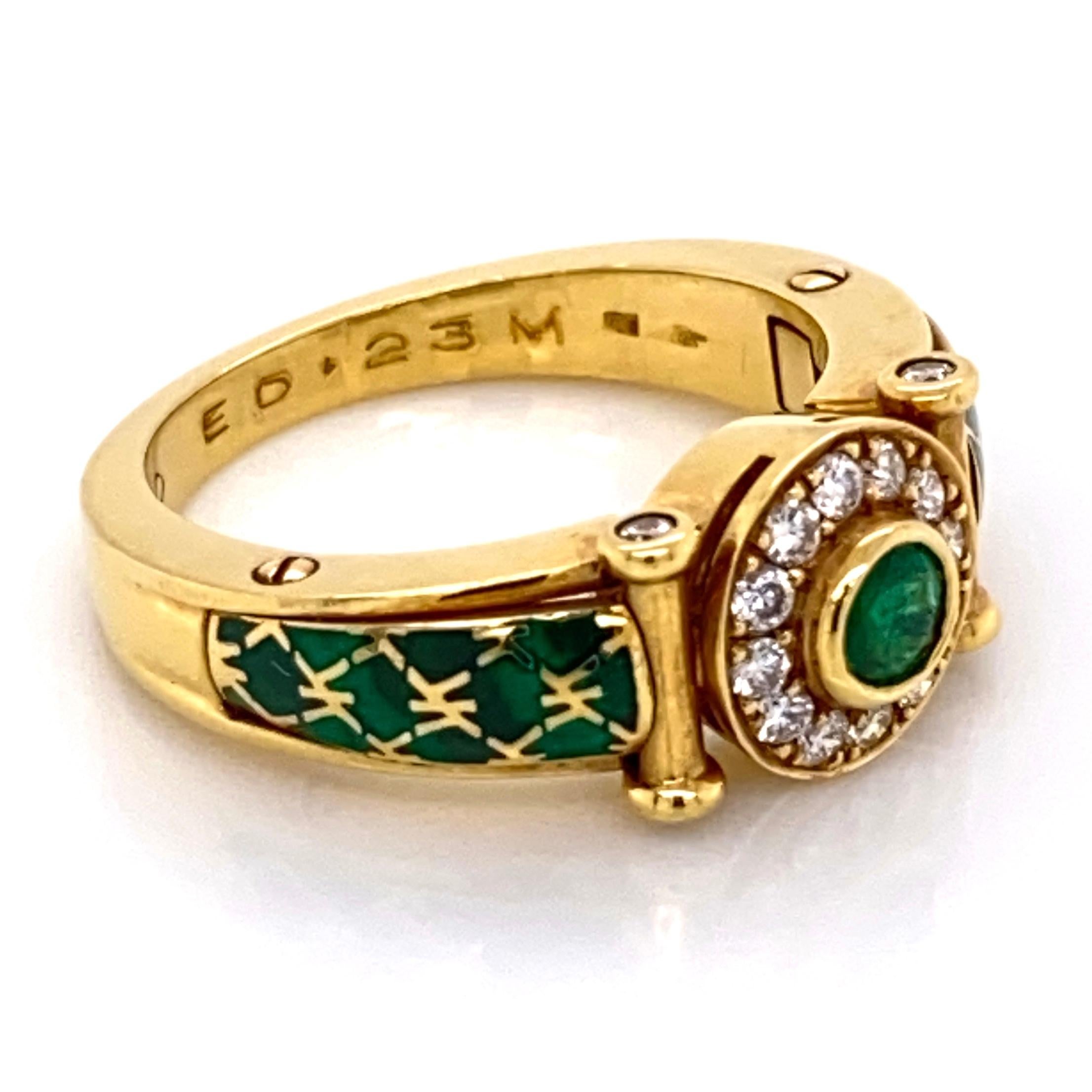 Round Cut Emerald and Diamond Green Enamel Gold Cocktail Ring Fine Estate Jewelry France