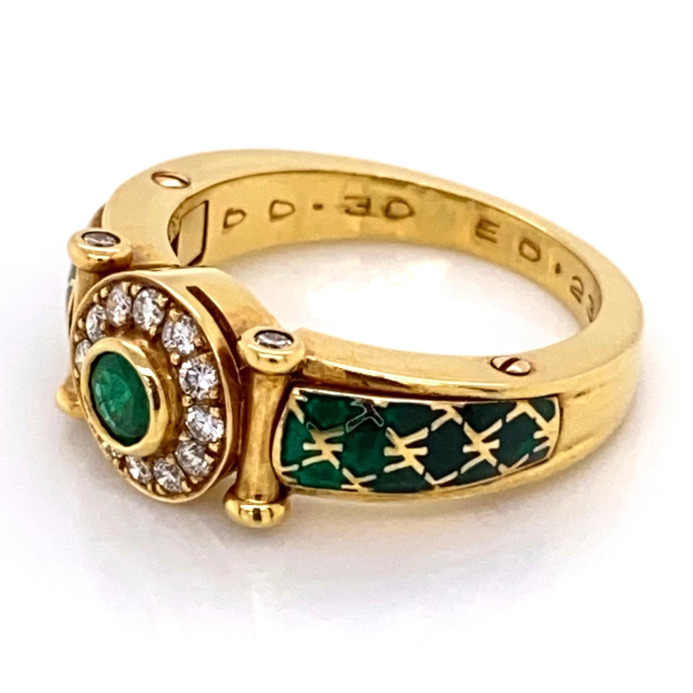 Women's Emerald and Diamond Green Enamel Gold Cocktail Ring Fine Estate Jewelry France
