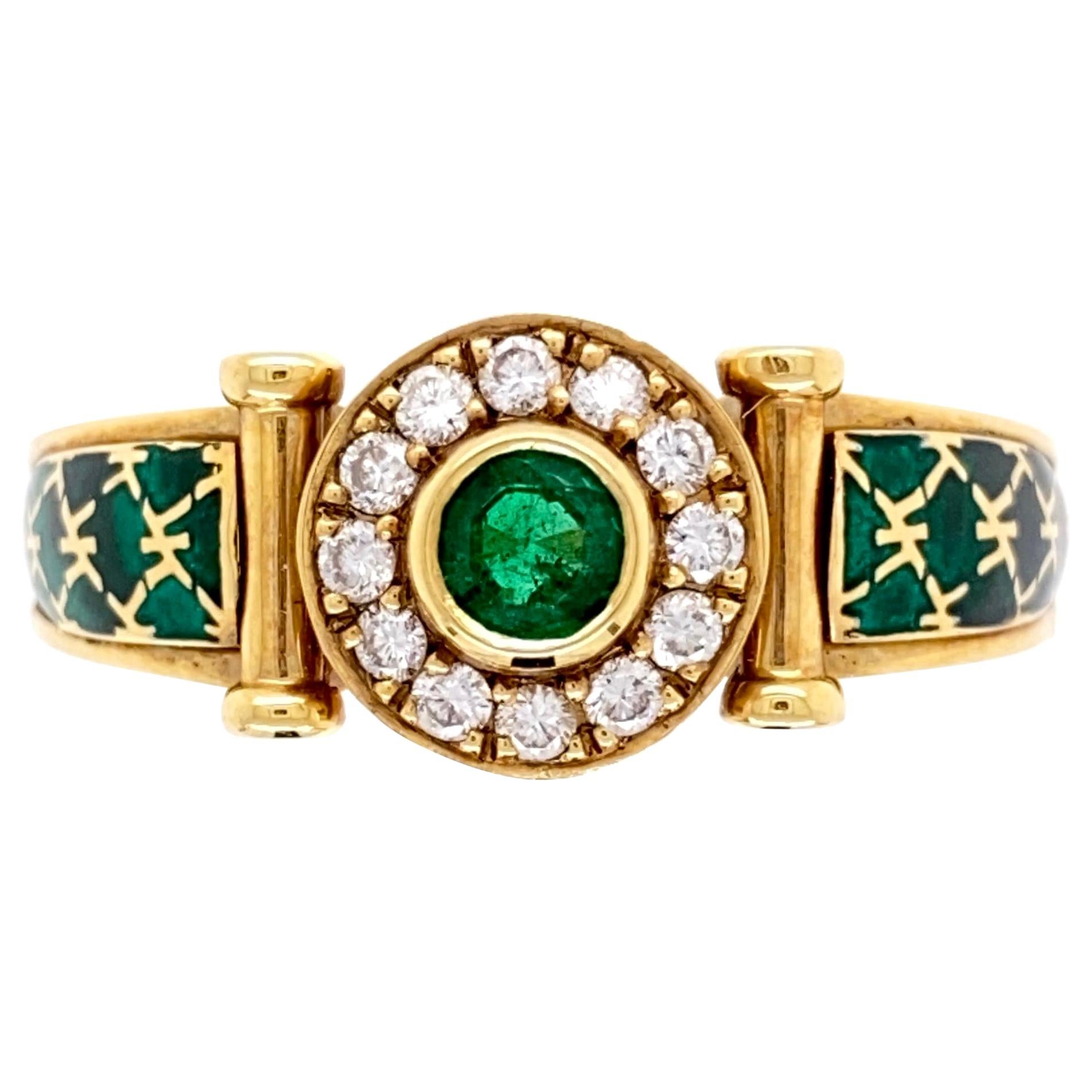 Emerald and Diamond Green Enamel Gold Cocktail Ring Fine Estate Jewelry France