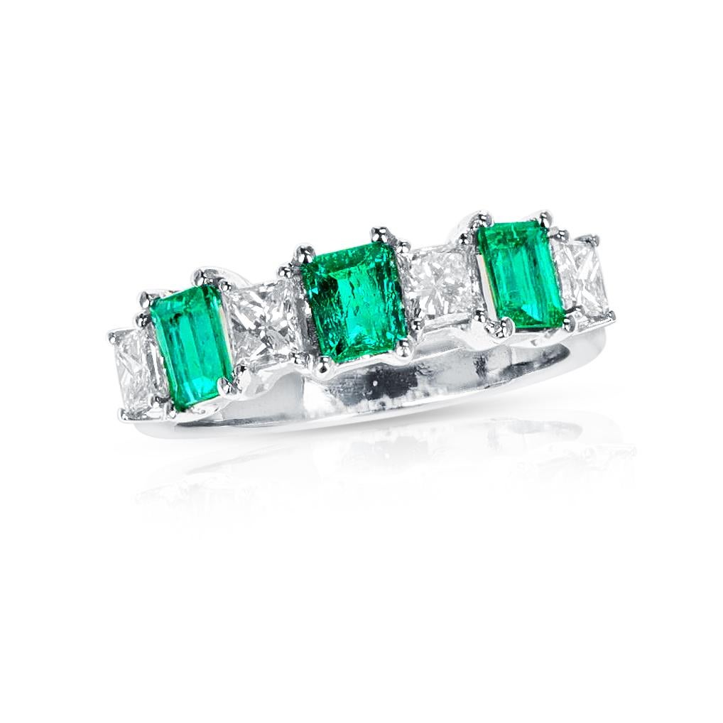 Emerald Cut Emerald and Diamond Half Band Bridal Ring, 18k For Sale