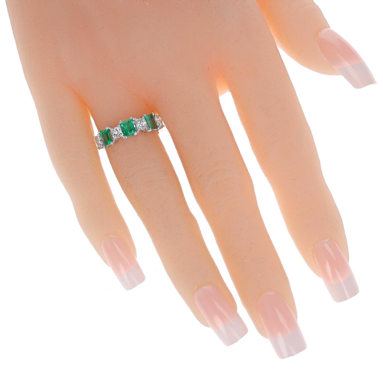 Women's or Men's Emerald and Diamond Half Band Bridal Ring, 18k For Sale