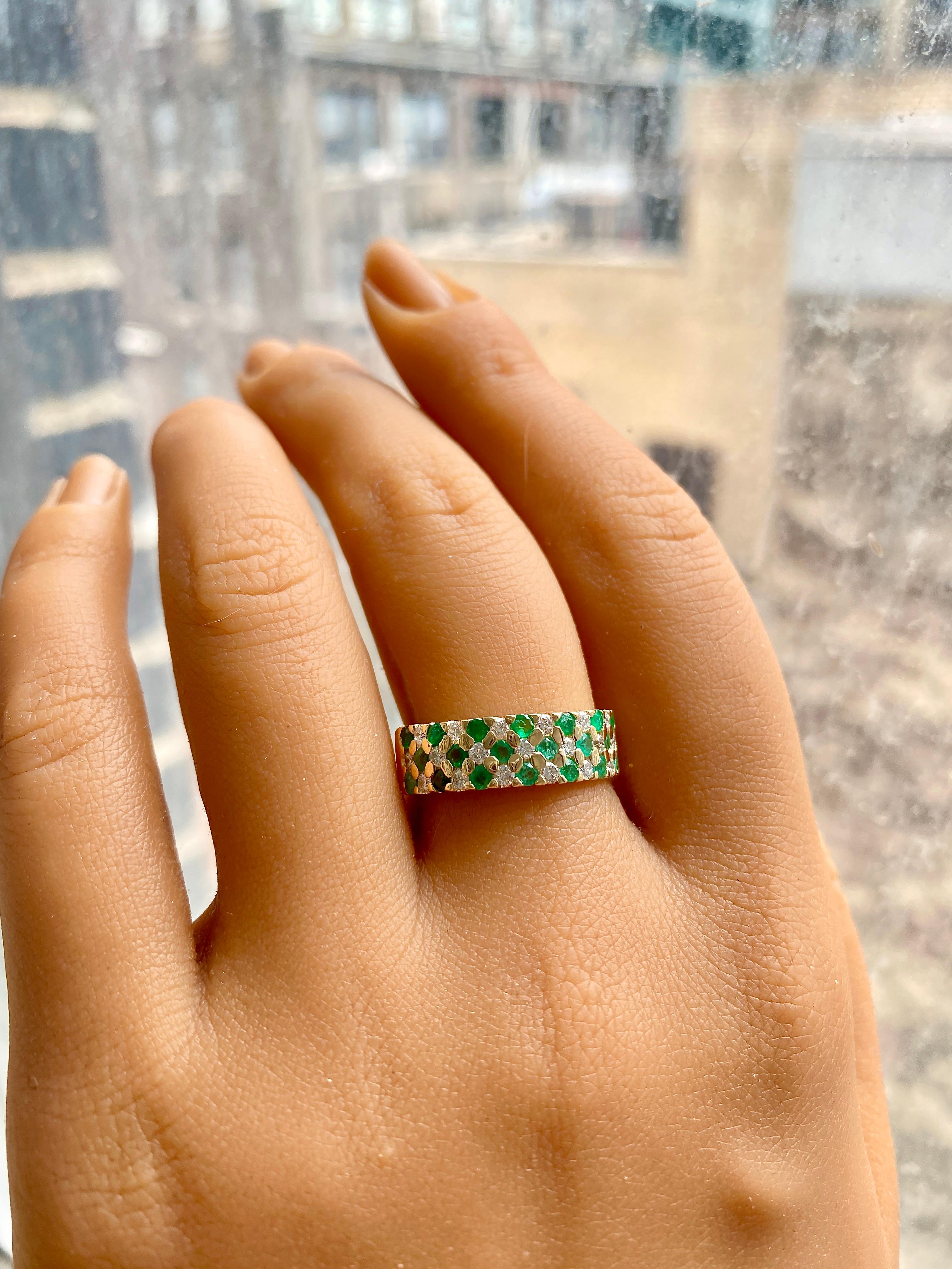 Modern Emerald and Diamond Half band Ring, Natural Gemstones Ring in 14k Yellow Gold  For Sale