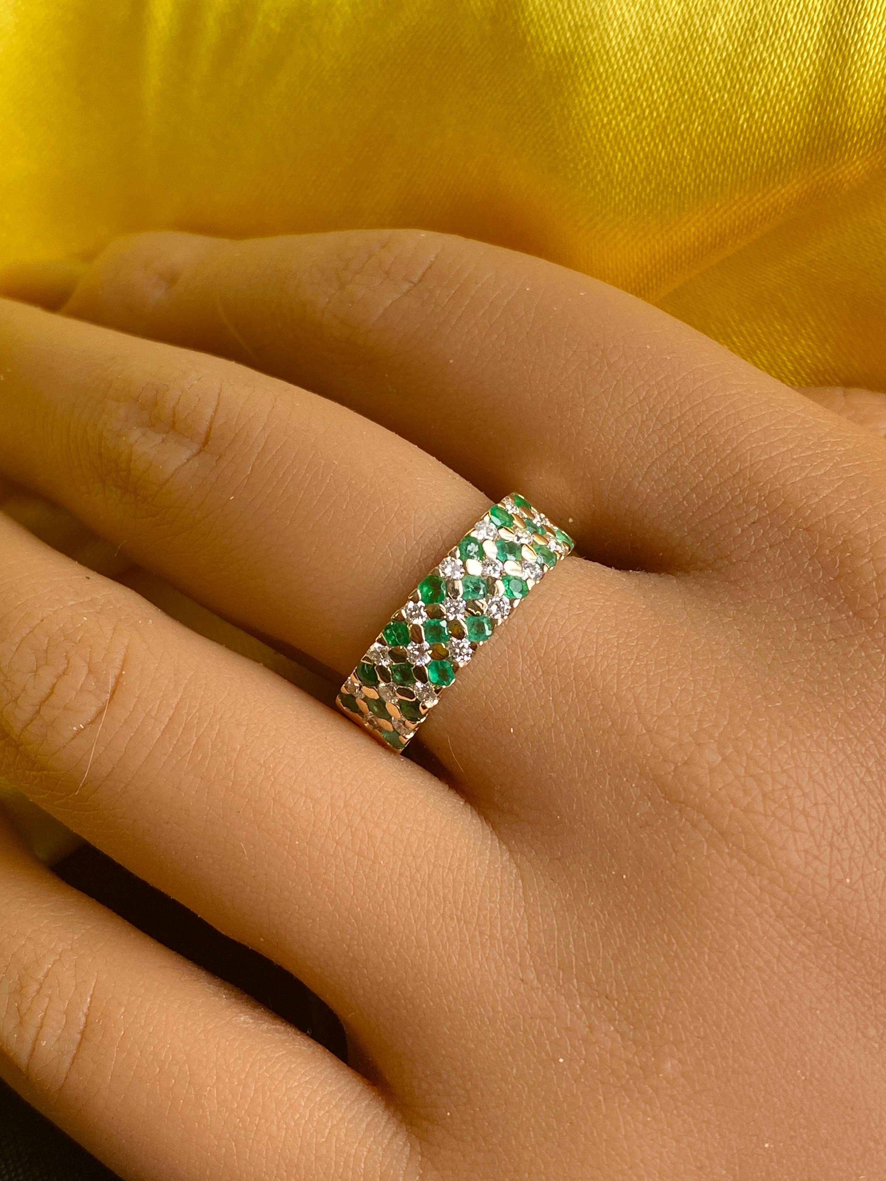 Round Cut Emerald and Diamond Half band Ring, Natural Gemstones Ring in 14k Yellow Gold  For Sale