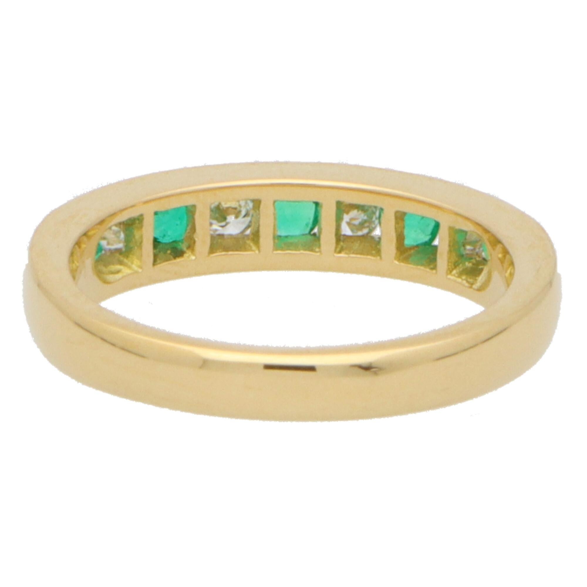 Modern Emerald and Diamond Half Eternity Band Ring Set in 18k Yellow Gold 