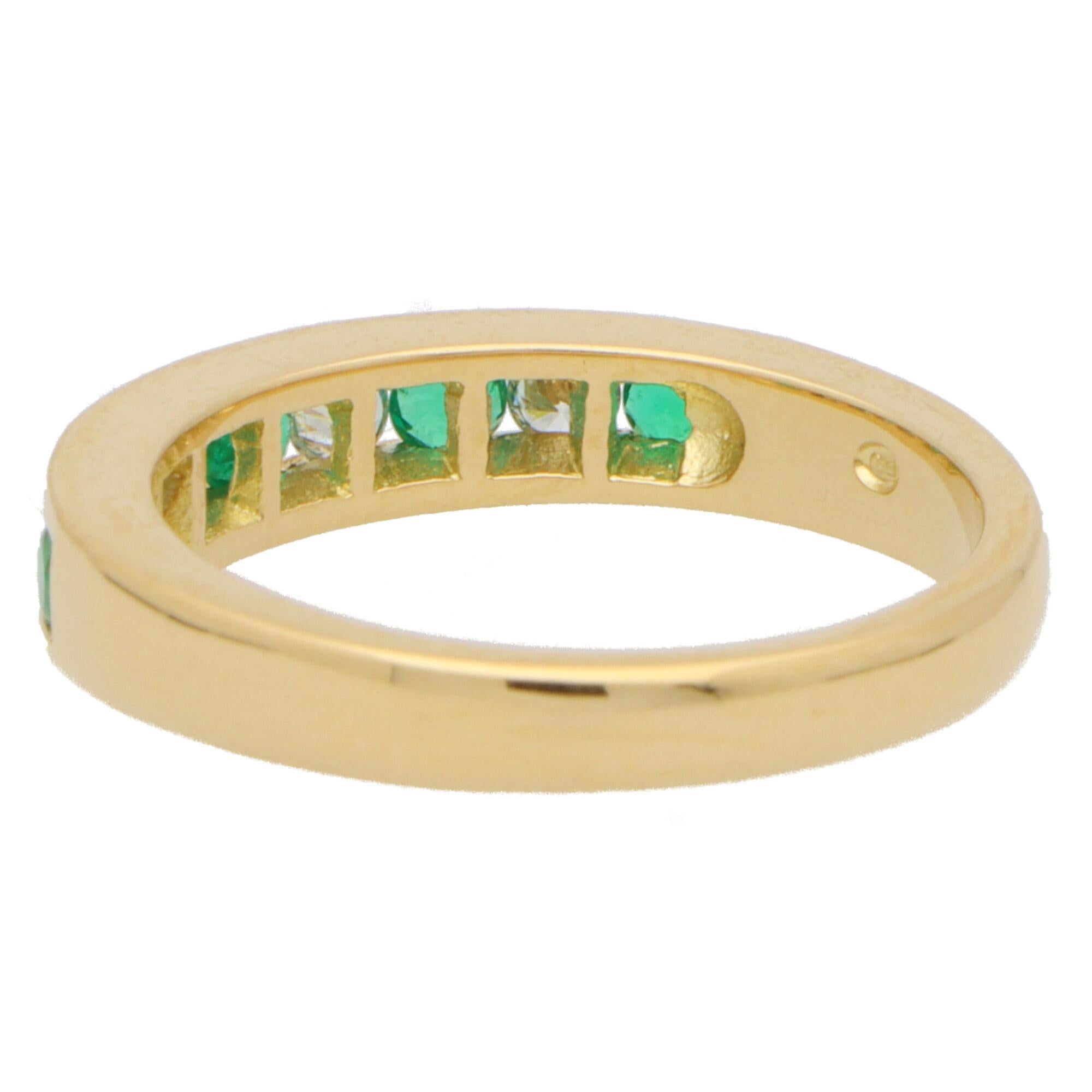 Round Cut Emerald and Diamond Half Eternity Band Ring Set in 18k Yellow Gold 