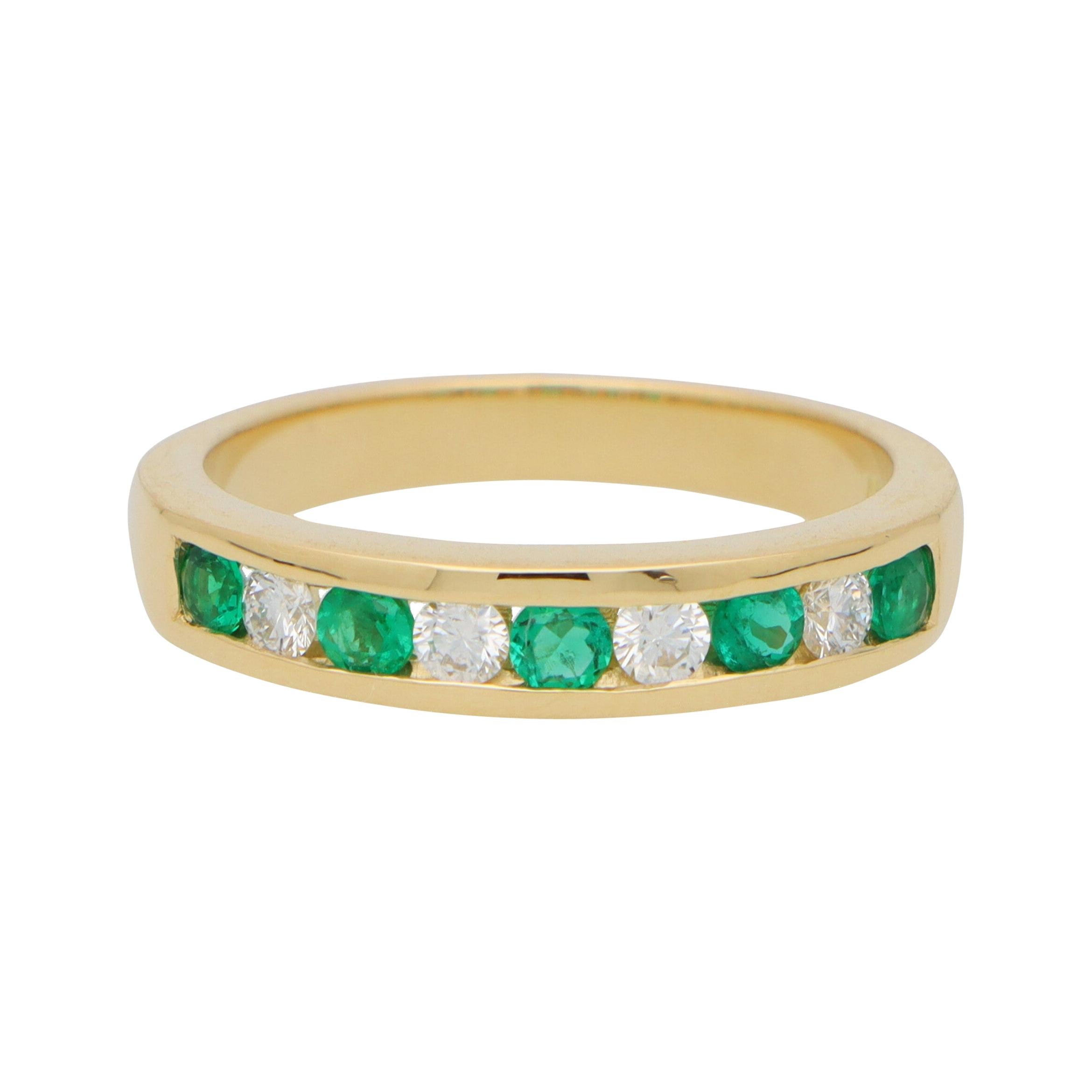 Emerald and Diamond Half Eternity Band Ring Set in 18k Yellow Gold 
