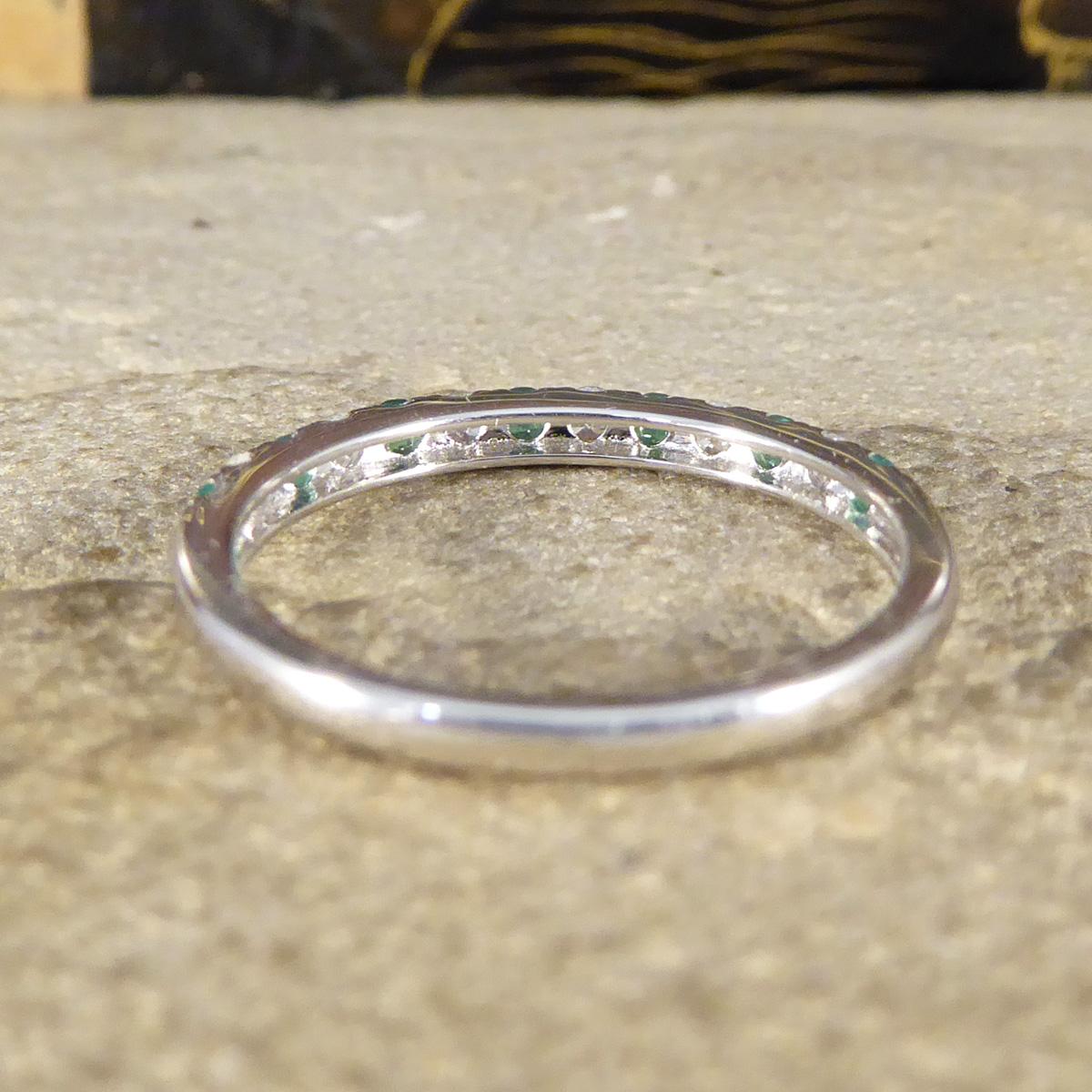Brilliant Cut Emerald and Diamond Half Eternity Ring in White Gold For Sale