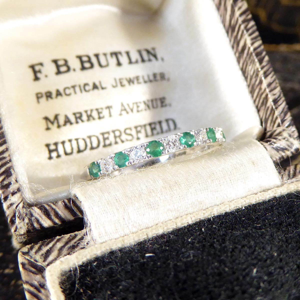 Emerald and Diamond Half Eternity Ring in White Gold For Sale 1