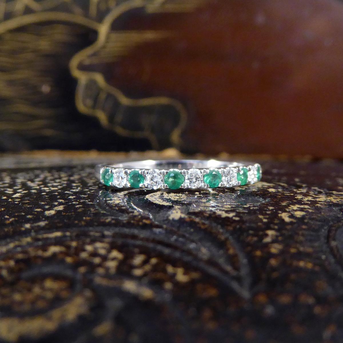 Emerald and Diamond Half Eternity Ring in White Gold For Sale 3