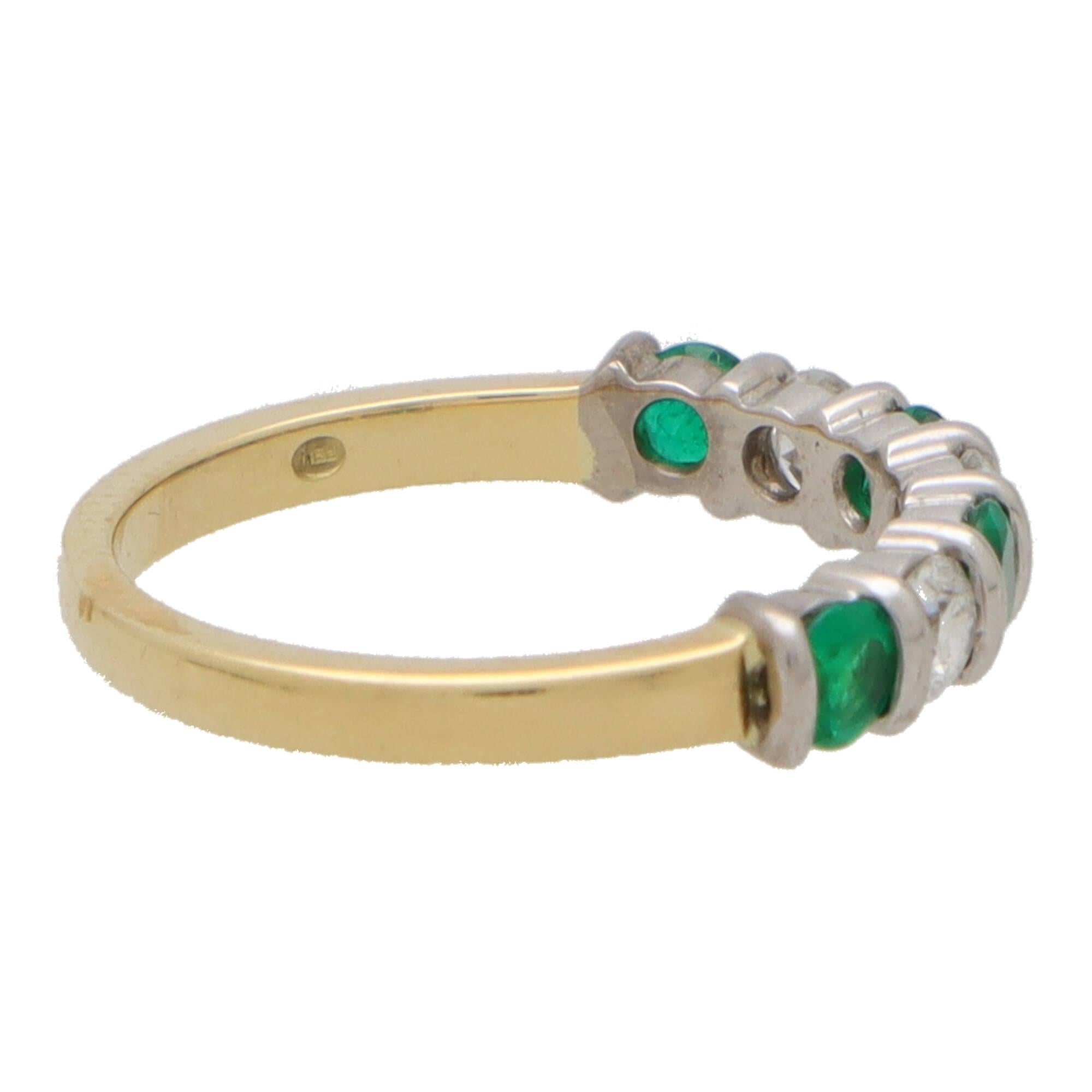 Round Cut  Emerald and Diamond Half Eternity Ring Set in 18k Yellow and White Gold For Sale