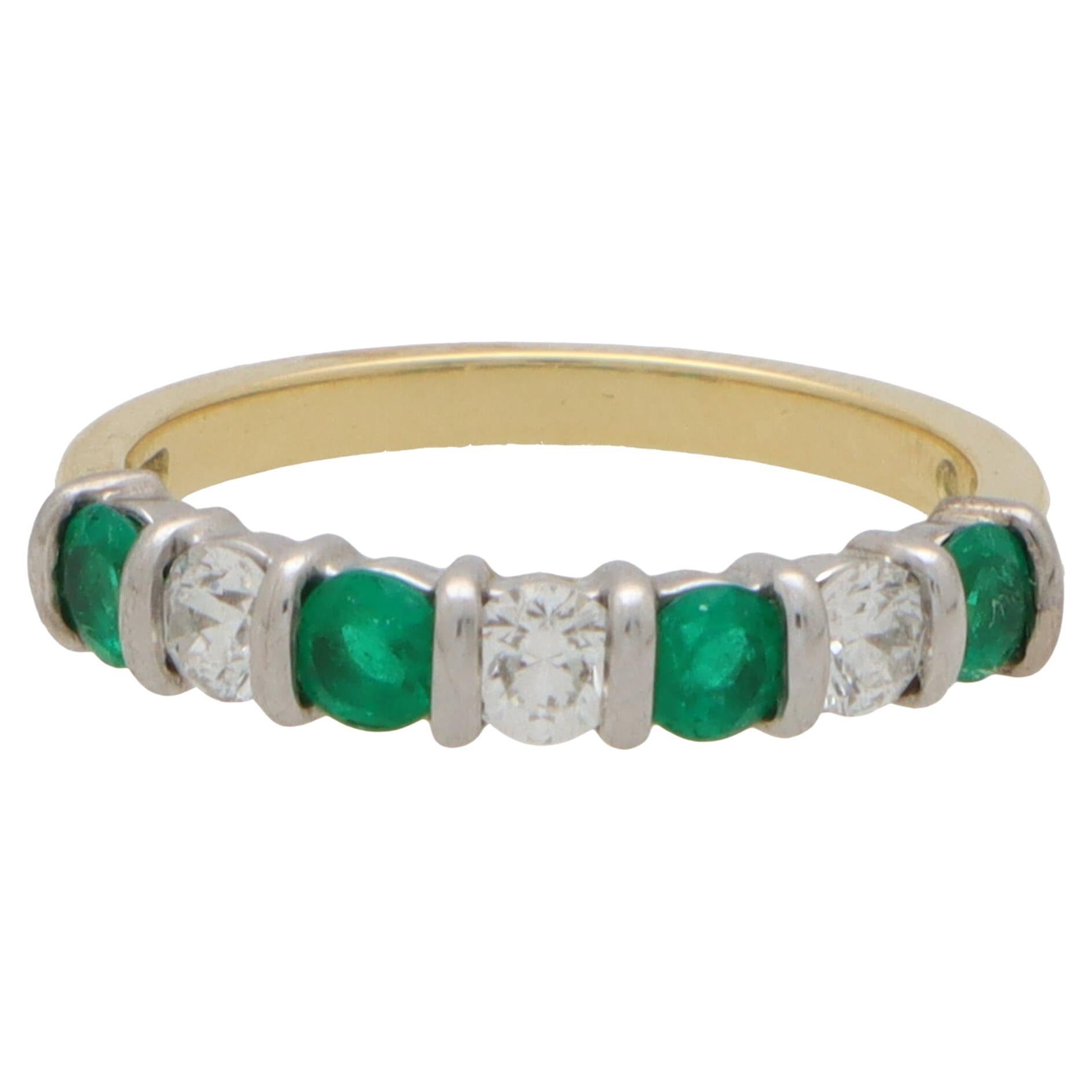  Emerald and Diamond Half Eternity Ring Set in 18k Yellow and White Gold For Sale