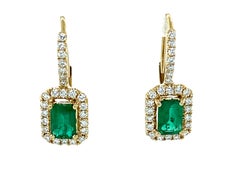 Emerald and Diamond Halo Drop Earrings in 14k Yellow Gold, .98 Carat Total