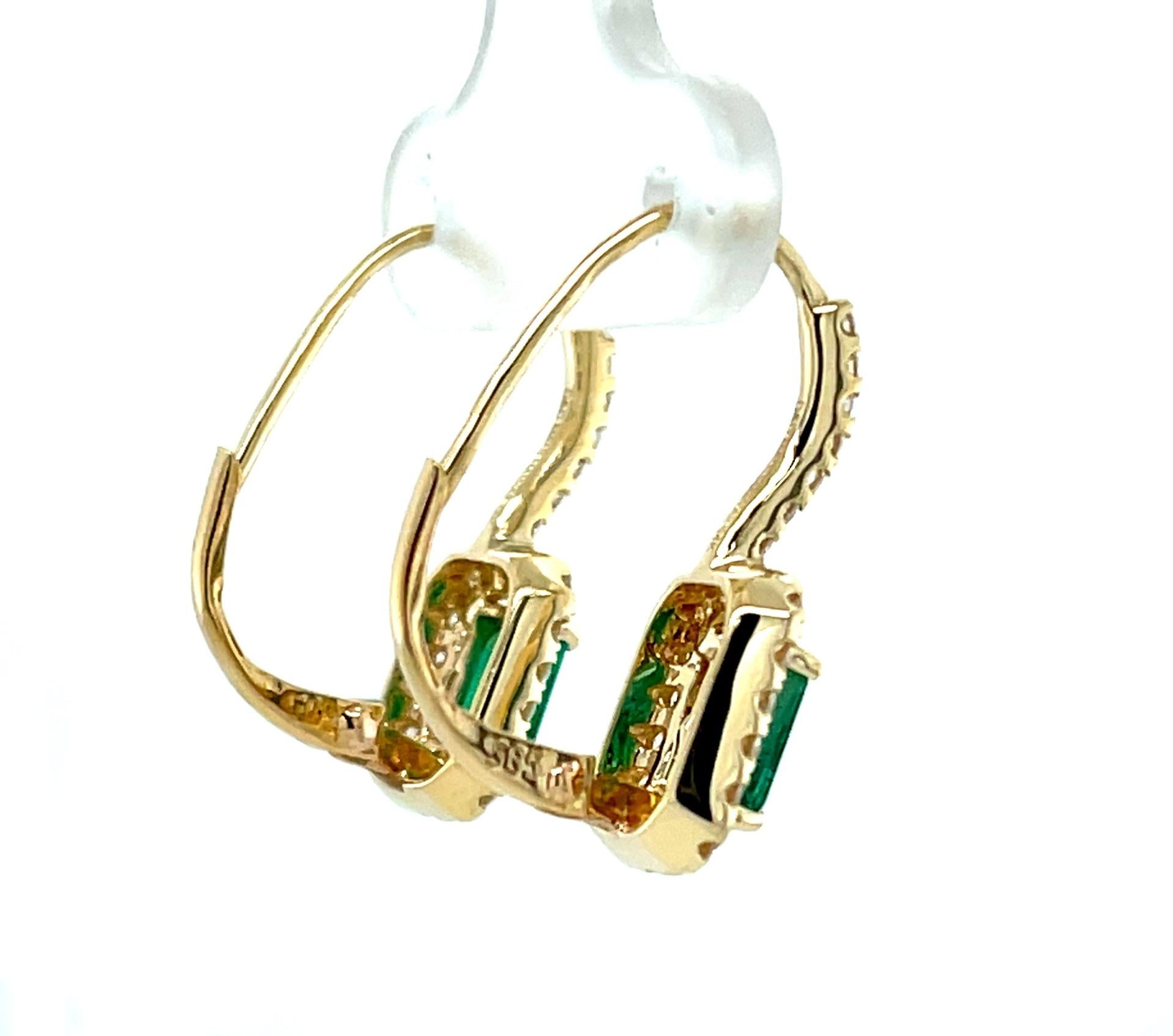 Artisan Emerald and Diamond Halo Drop Earrings in 14k Yellow Gold, .98 Carat Total For Sale
