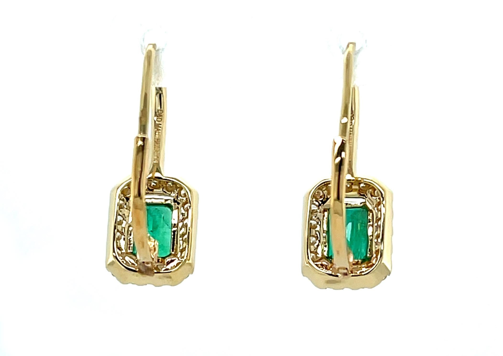 Emerald Cut Emerald and Diamond Halo Drop Earrings in 14k Yellow Gold, .98 Carat Total For Sale