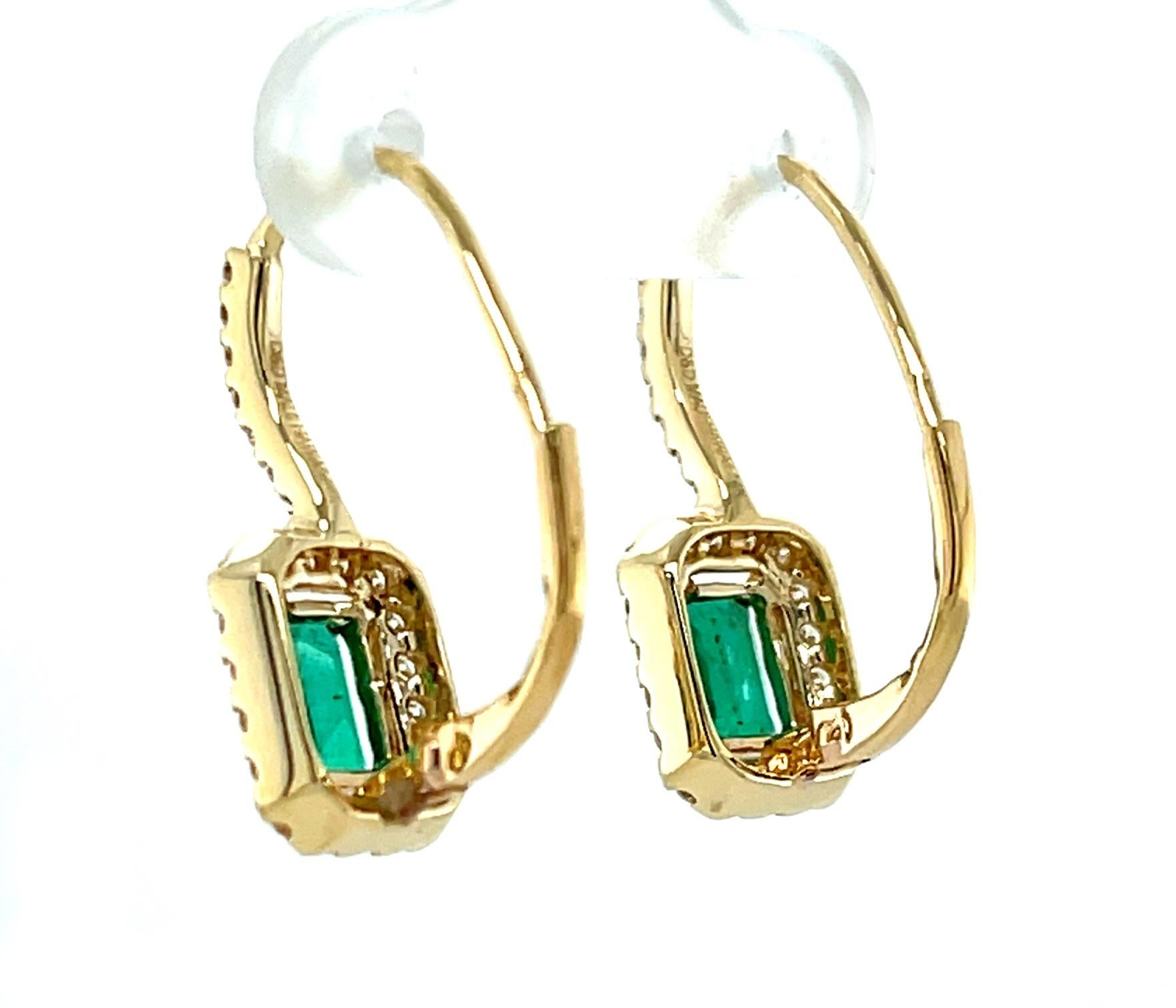 Emerald and Diamond Halo Drop Earrings in 14k Yellow Gold, .98 Carat Total In New Condition For Sale In Los Angeles, CA
