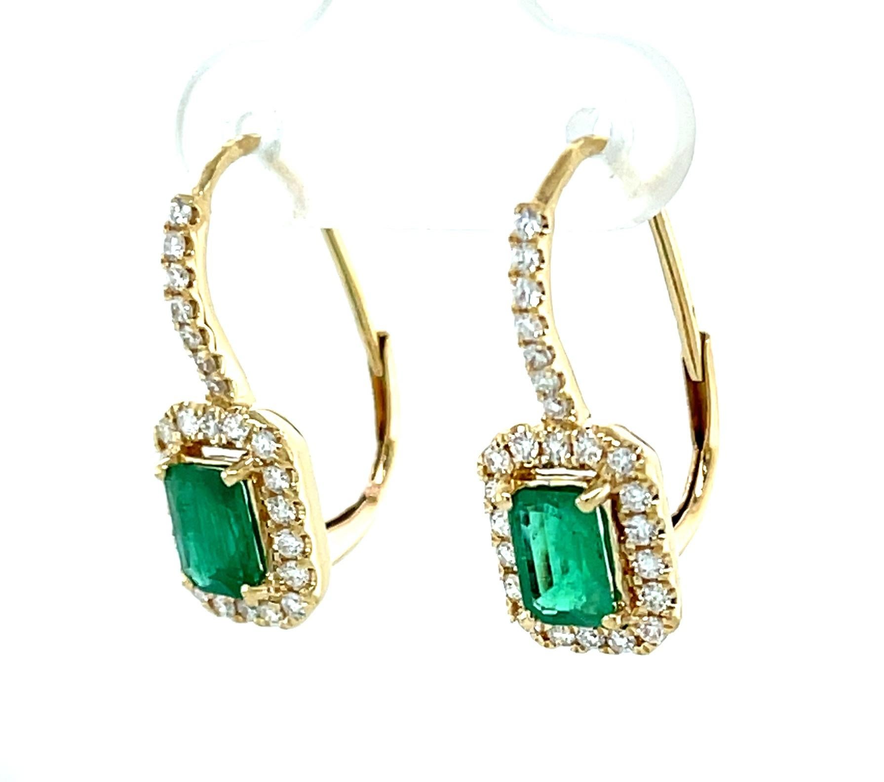 Emerald and Diamond Halo Drop Earrings in 14k Yellow Gold, .98 Carat Total For Sale 1