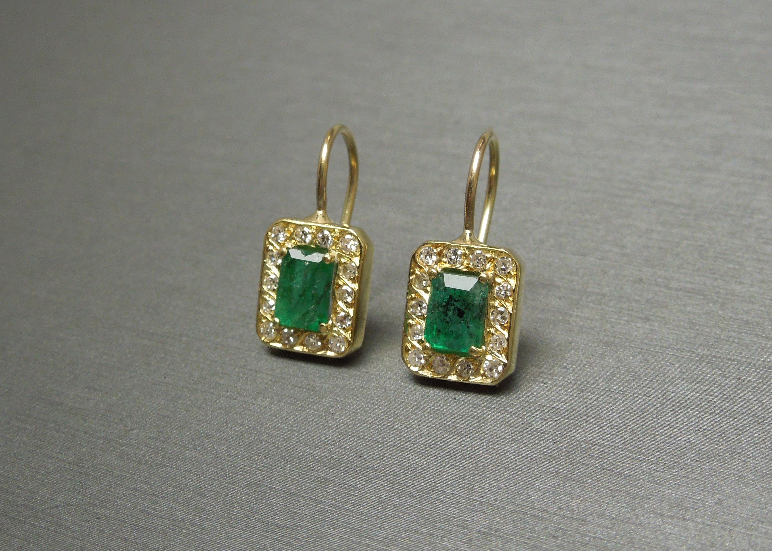 Emerald Cut Emerald and Diamond Halo Earrings For Sale